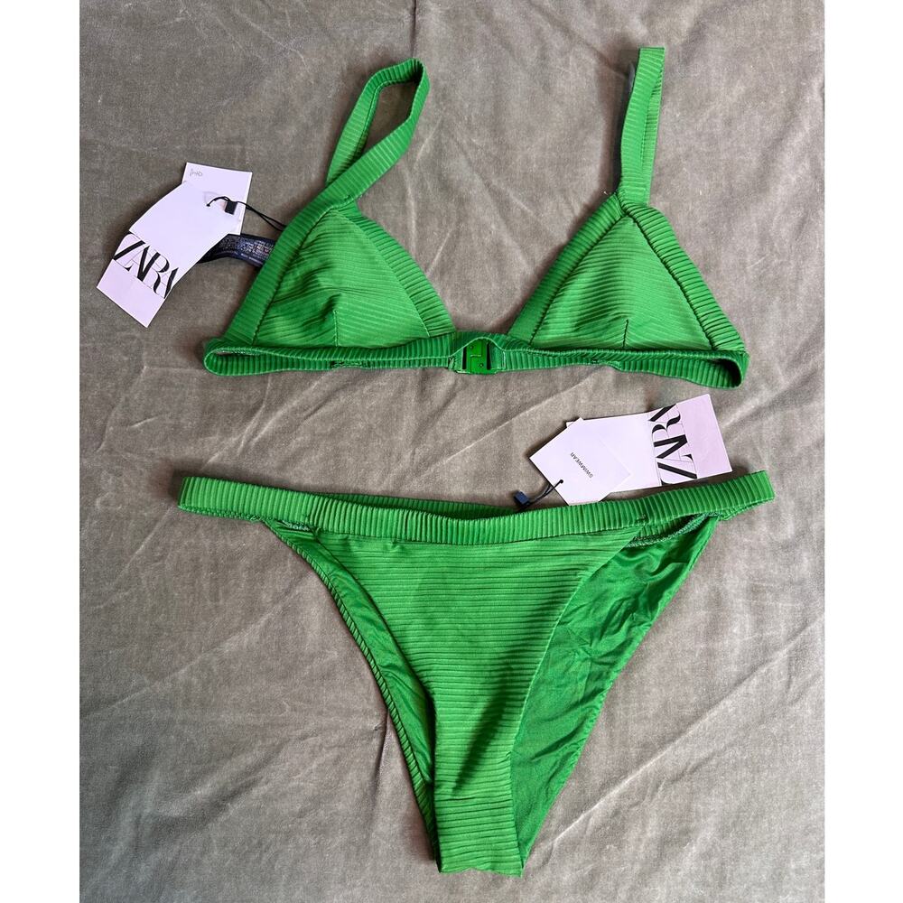 NWT Zara Green Ribbed Bikini SET XL - Triangle Bikini with Cheeky Bottoms